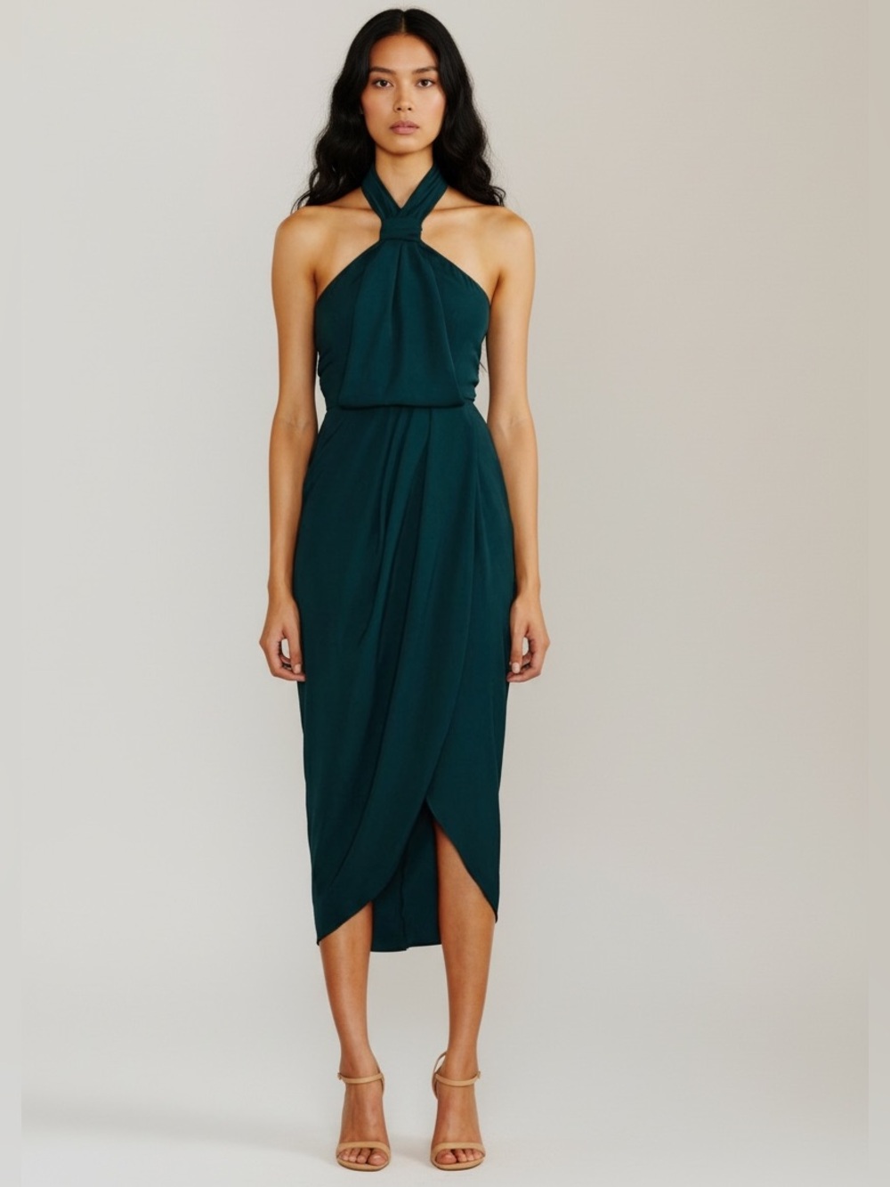 Shona Joy Core Knot Green Halter Draped Midi Dress Size 6